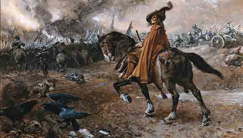 Fine Art Prints Edgar Bundy's "Death on a Horse on a Battlefield" depicts a horseman in orange amidst battle scene, dark horse, and fallen figures nearby.