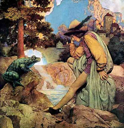 Fine Art Prints The Frog Prince by Maxfield Parrish, 14x14.5 inches, depicting a woman and green frog on rocky terrain with trees and castle background.