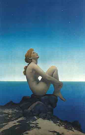 Fine Art Prints Nude woman sitting on rocky cliffside overlooking ocean under starry night sky, Stars by Maxfield Parrish, 10x16 inches, serene landscape painting.