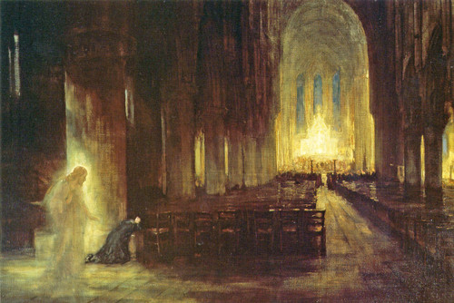 Fine Art Prints The Presence, Capt. A. E. Borthwick 16" X 24" print on heavy paper, depicting a ghostly figure in cathedral with pews and arched windows.