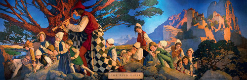 Fine Art Prints The Pied Piper, a colorful illustration by Maxfield Parrish, 9" x 27", depicts a whimsical scene with people and a tree.
