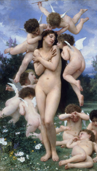 Fine Art Prints The Return of Spring by Bouguereau, 16x28.25 inch nude woman surrounded by cherubs in a floral landscape with blue sky and white clouds.