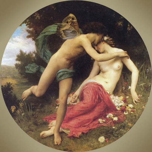 Fine Art Prints Flora and the Zephyr, a 16x16 Bouguereau painting depicting nude figures, a woman in red drapery and a man, in a lush outdoor setting.