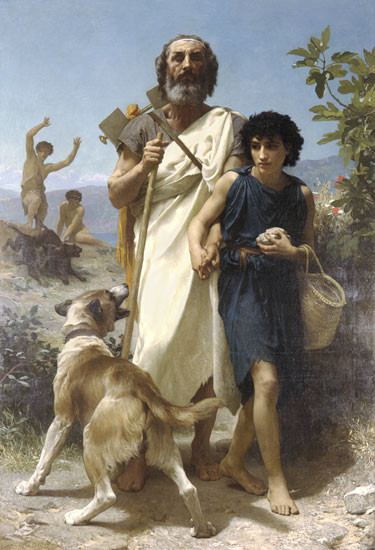 Fine Art Prints Homer and his Guide by Bouguereau, 16x23.5 inch print, depicting an elderly man and young boy with dog in ancient attire.