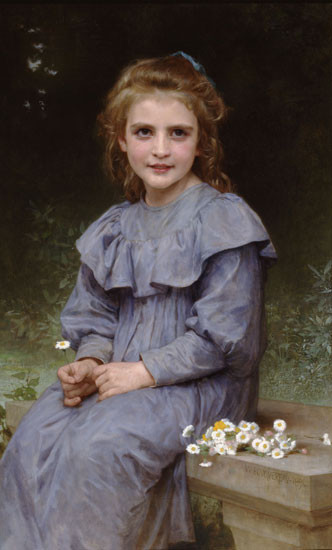 Fine Art Prints Young girl in blue dress sitting with daisies, Bouguereau's painting Daisies, 16X30.5 inches, serene outdoor scene.