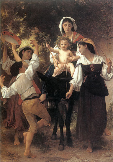 Fine Art Prints Return from Harvest, Bouguereau painting, 16x23 inches, colorful oil artwork depicting rural scene with woman, child on donkey, and villagers dancing, smiling.