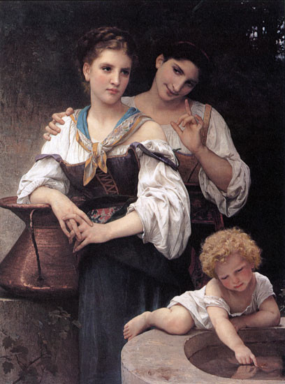 Fine Art Prints The Secret, Bouguereau painting, 16x21.5 inches, oil on canvas artwork depicting a woman, girl, and child in classic attire.