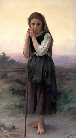 Fine Art Prints Barefoot young girl in long brown dress and white sleeves holds shepherd's staff, depicted in William-Adolphe Bouguereau's The Little Shepherdess painting, 16x29 inches.