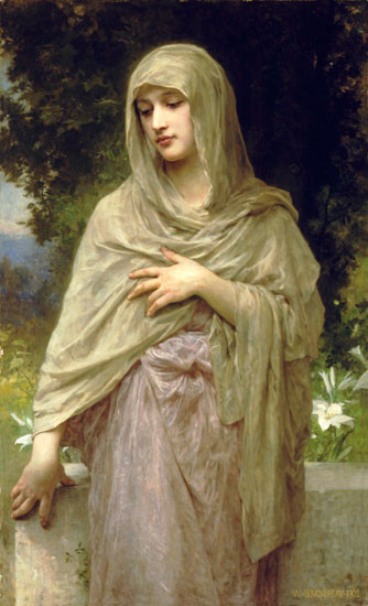 Fine Art Prints Modesty, a serene woman in a pink dress and beige shawl, by Bouguereau, 16x23.4 inches, standing in a garden with flowers.