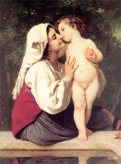 Fine Art Prints The Kiss, Bouguereau painting, woman kissing nude baby holding apple, 16.5x22 inches, oil on canvas, mother child tender moment.