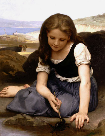 Fine Art Prints The Crab, Bouguereau, oil on canvas, 16x20.75 inches, depicts a young girl with a crab, serene landscape background, soft natural light.