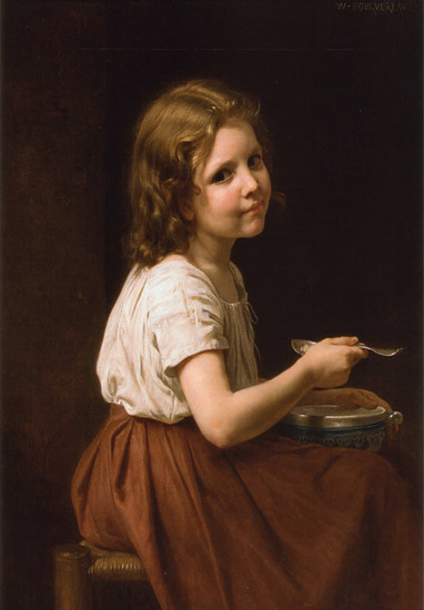 Fine Art Prints Girl with Soup, Bouguereau, 16x23 inch painting of a young girl holding a spoon and bowl, wearing a white blouse and brown skirt.