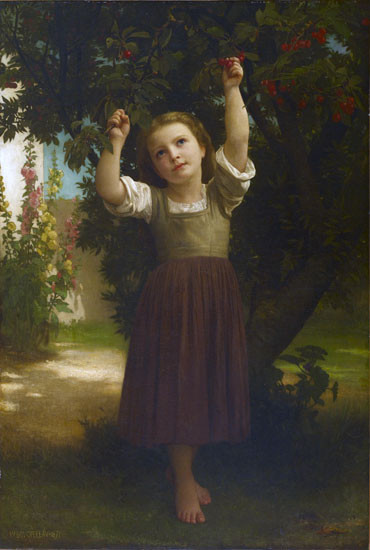 Fine Art Prints The Cherry Picker, William-Adolphe Bouguereau, 16x23.75 inch painting of a young girl picking cherries from a tree in a garden.