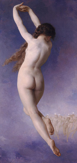 Fine Art Prints Lost Pleiad by William-Adolphe Bouguereau, 16x34, nude woman with long brown hair against purple background, classical art painting.
