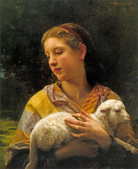 Fine Art Prints William-Adolphe Bouguereau's "Innocence", 18x22 inches, depicts a serene woman cradling a lamb, showcasing her gentle expression and tender interaction.