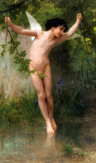 Fine Art Prints Naked winged figure Cupid flying over water, holding vines, surrounded by lush greenery and flowers, by William-Adolphe Bouguereau, large 16x27 art piece.