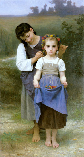 Fine Art Prints Jewels of the Field, William-Adolphe Bouguereau, 16x30, woman and girl in rural setting, flowers, barefoot, blue dress, white shirt, brown vest.
