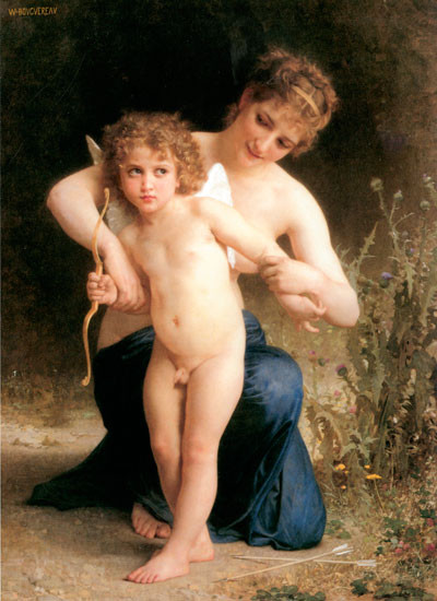 Fine Art Prints Woman with Captive Cupid, a 16x22 painting by William-Adolphe Bouguereau, depicting a woman and naked child holding a bow.