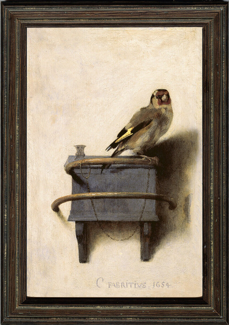 Fine Art Prints Framed painting "The Goldfinch" by Carel Fabritius, 9x13.5 inches, featuring a goldfinch bird perched on a box with a dark brown frame.