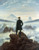 Fine Art Prints Wanderer above the Sea of Fog by Caspar David Friedrich, 22x28 inches, man in black coat standing on rocky cliff overlooking foggy mountains.