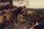 Fine Art Prints Shepherd tending to a sheep with a dog nearby, surrounded by a flock of sheep in a field with trees in the background.