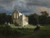 Fine Art Prints Moonlit Landscape, Bocklin, 16x25, white ruined building, dark horse and rider, cloudy sky, trees, and overgrown vegetation in a serene nocturnal scene.
