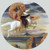 Fine Art Prints Perseus on Pegasus, a white horse, in a circular painting by Leighton, depicting a mythological scene with a brown-haired figure and rocky landscape.
