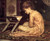 Fine Art Prints Woman in peach dress sitting on rug reading from book on stand, Fredric Lord Leighton, 18x22 inches, vintage art print.