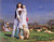 Fine Art Prints Woman in long white dress holding baby standing with lambs on green grass in a field with another woman in the background.