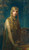 Fine Art Prints Isolde in ornate gold headdress and dress, holding a goblet, by Gaston Bussiere, 18x31.5 inches, medieval-inspired portrait with blue background.
