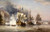 Fine Art Prints George Chambers' Porto Bello, 22x34, vintage nautical art depicting warships at sea with a cityscape and smoke in background, historical naval scene.