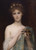 Fine Art Prints Alexandre Cabanel's Pandora, a woman with gold laurel crown, holds jewelry box, wearing blue dress with gold accents and white shawl.