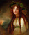 Fine Art Prints George Romney's A Bacchante, 18.5x22 inch portrait of a woman with long red hair and ivy crown, wearing white and green attire.