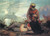 Fine Art Prints The Death of Arthur, Carrick 16x22, depicting King Arthur lying on ground with attendant, medieval scene, serene ocean backdrop with ship.