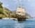 Fine Art Prints Pirate's Cove, a large sailing ship with three masts and white sails on calm blue waters, by Montague Dawson, 16" x 20".