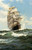 Fine Art Prints The Oberon sailing ship on rough seas, Dawson 18x28 art print, large white sails, brown hull, choppy waves, blue sky with clouds.