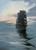 Fine Art Prints Eventide Dawson 24x33 painting of a tall ship sailing on calm waters under a cloudy sky at sunset with dark and muted tones.