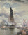 Fine Art Prints The Statue of Liberty, Moran, 20x25, statue of liberty with boats and flags on water, cloudy sky in background, large iconic landmark sculpture.