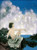 Fine Art Prints Bubbles by Maxfield Parrish, a woman sitting on ledge with bubbles floating around her, surrounded by trees and a castle in the background.