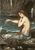 Fine Art Prints on canvas or heavy paper A mermaid with long red hair and a shimmering tail sits on rocks by the sea, holding seaweed, in a 16x24 Waterhouse painting.