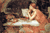 Fine Art Prints The Sorceress painting by Waterhouse, 12x18 inches, depicts a woman in an orange dress sitting at a table with a reflective surface.