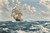 Fine Art Prints Gleaming Foam, Chariot of Fame, Montague Dawson, 16x24, sailing ship with white sails on dark blue choppy waters under cloudy blue sky.