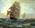 Fine Art Prints Two sailing ships, Flying Cloud Dawson 16x20, on choppy waters with billowing sails under a cloudy sky at sunset or sunrise.