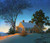 Fine Art Prints Maxfield Parrish's "Daybreak" serene winter scene, 18x21 inches, depicts a cozy snow-covered house with warm glow, surrounded by trees and snowy landscape.