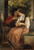 Fine Art Prints William Bouguereau's "The Proposal" depicts two figures in period attire on a balcony with ornate details, pink and white dress, red shirt.