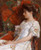 Fine Art Prints Woman in white dress with floral chair, Childe Hassam's The Victorian Chair, 23x28 print on heavy paper, elegant lady sitting on ornate red chair.