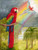 Fine Art Prints on canvas or heavy paper Vibrant red, green, and blue macaw perched on branch with rainbow leading to flying macaw, palm trees, and tropical landscape in background, Joyce Gibson.