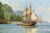 Fine Art Prints Sailing ship with three masts and white sails on calm waters, surrounded by lush greenery, by Montague Dawson, 20 x 30 inches.