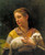Fine Art Prints Innocence by William-Adolphe Bouguereau, 18x22 inch painting of a woman tenderly holding a lamb, serene expression, soft colors, gentle scene.