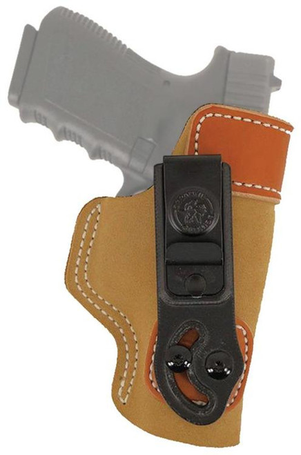 Discover the DeSantis Sof-Tuk 106 holster, expertly crafted from tan saddle leather and suede for the S&W Bodyguard .380. Designed for right-hand use, it offers a secure fit and easy access, combining reliability with elegance.